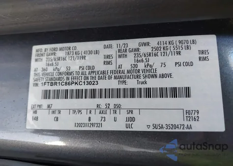 2023 Ford Transit-250 из США, поврежденный, VIN 1FTBR1C86PKC13023